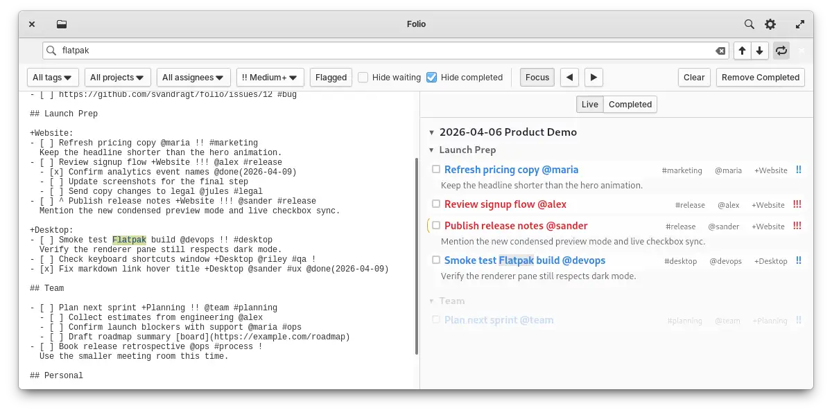 Folio displaying a dense task list with headings, metadata, and nested items.