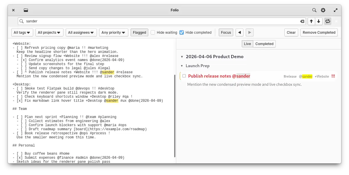 Folio showing the filter bar with task filters applied.