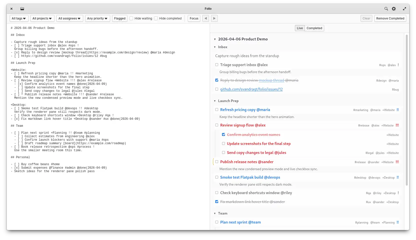 Folio showing a markdown task list in the editor alongside a live rendered preview.