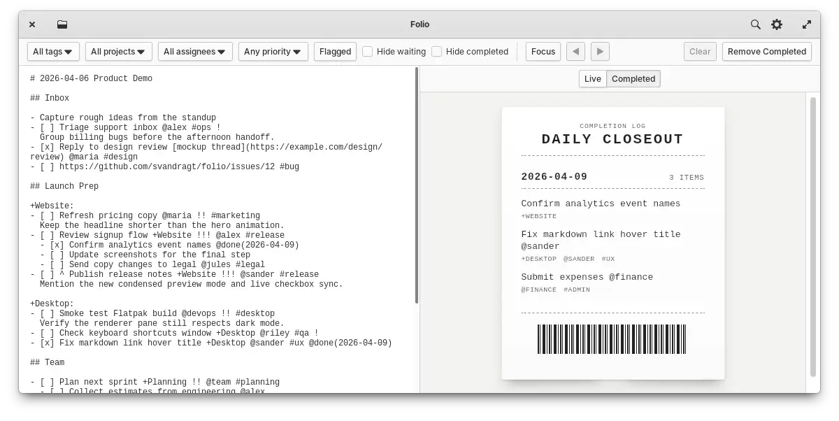Folio split view with markdown source on the left and rendered tasks on the right.